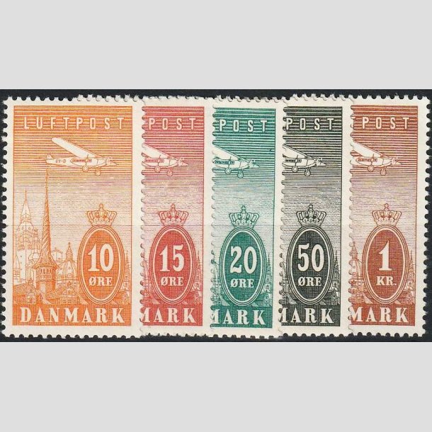 FRIMRKER DANMARK | 1934 - AFA 216-220 - Ny Luftpost 10 re til 1 Kr. i komplet st - Ubrug