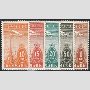 FRIM�RKER DANMARK | 1934 - AFA 216-220 - Ny Luftpost 10 �re til 1 Kr. i komplet s�t - Ubrug