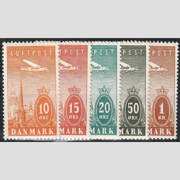 FRIMRKER DANMARK | 1934 - AFA 216-220 - Ny Luftpost 10 re til 1 Kr. i komplet st - Ubrug