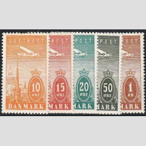 FRIM�RKER DANMARK | 1934 - AFA 216-220 - Ny Luftpost 10 �re til 1 Kr. i komplet s�t - Ubrug