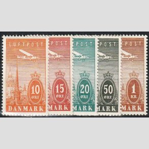 FRIM�RKER DANMARK | 1934 - AFA 216-220 - Ny Luftpost 10 �re til 1 Kr. i komplet s�t - Ubrug