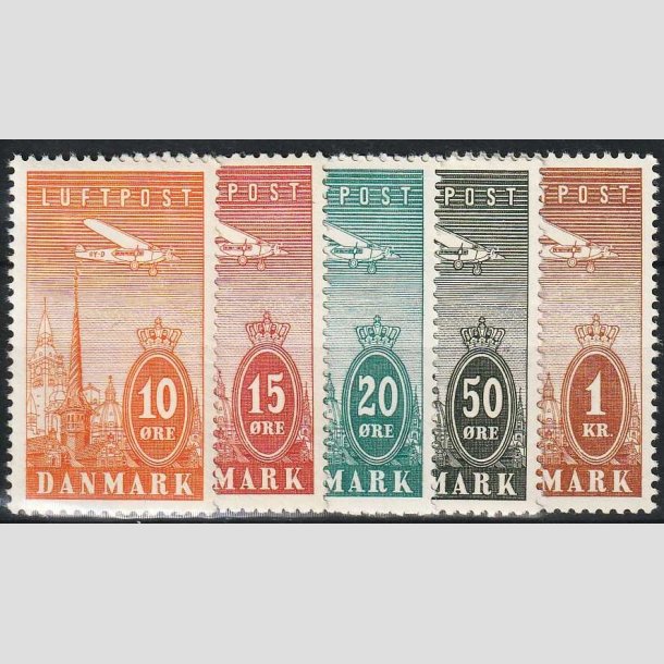 FRIMRKER DANMARK | 1934 - AFA 216-220 - Ny Luftpost 10 re til 1 Kr. i komplet st - Ubrug