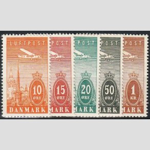 FRIM�RKER DANMARK | 1934 - AFA 216-220 - Ny Luftpost 10 �re til 1 Kr. i komplet s�t - Ubrug