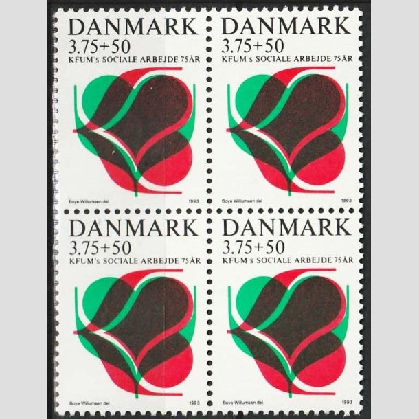 FRIMRKER DANMARK | 1993 - AFA 1052 - KFUM 75 r. - 3,75 Kr. + 50 re i 4-blok - Postfrisk