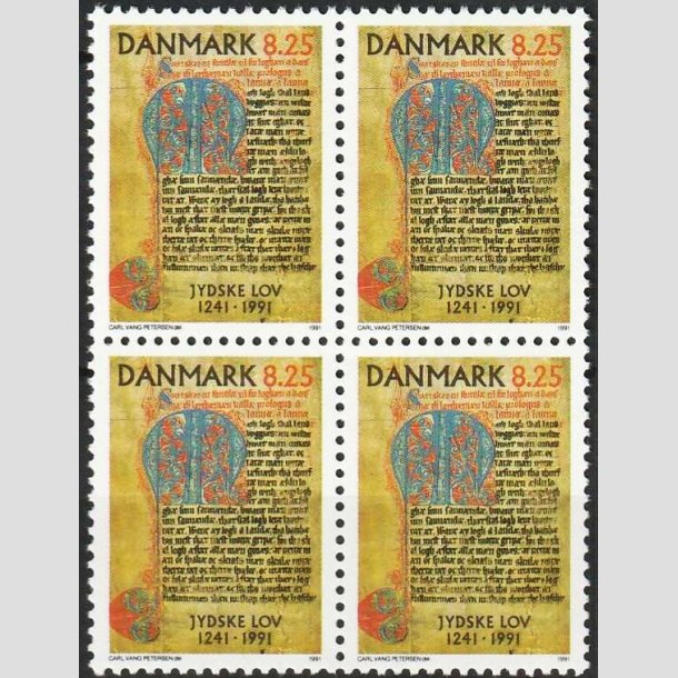 FRIMRKER DANMARK | 1991 - AFA 991 - Jyske Lov 750 r. - 8,25 Kr. flerfarvet i 4-blok - Postfrisk