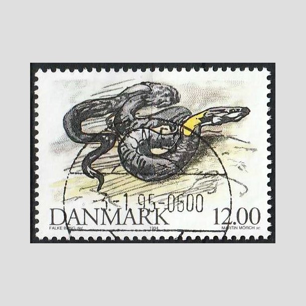 FRIMRKER DANMARK | 1994 - AFA 1080 - Truede danske dyr - 12,00 Kr. snog - Pragt Stemplet