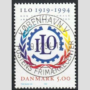 FRIM�RKER DANMARK | 1994 - AFA 1075 - ILO 75 �r - 5,00 Kr. flerfarvet - Pragt Stemplet