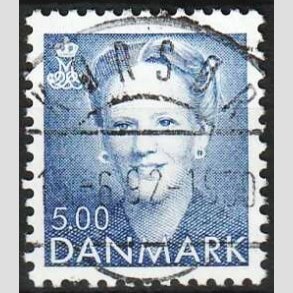 FRIMRKER DANMARK | 1992 - AFA 1019 - Dronning Margrethe - 5,00 Kr. bl - Pragt Stemplet
