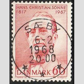 FRIM�RKER DANMARK | 1967 - AFA 466 - H. Chr. Sonne - 60 �re r�d - Pragt Stemplet S�by