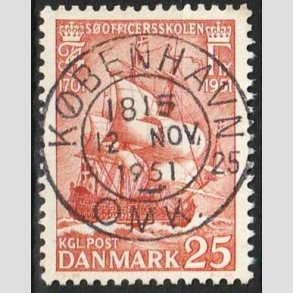 FRIM�RKER DANMARK | 1951 - AFA 328 - S�officerskolen 250 �r - 25 �re brunr�d - Pragt Stemplet