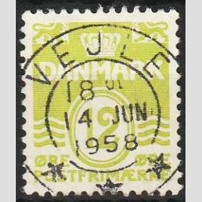 FRIM�RKER DANMARK | 1952-53 - AFA 335 - B�lgelinie 12 �re lysgr�n - Lux Stemplet Vejle