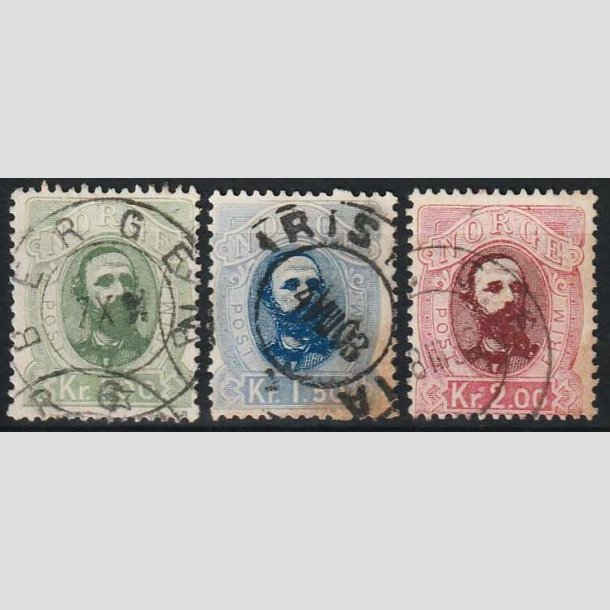 FRIMRKER NORGE | 1878 - AFA 32-34 - 1,00-2,00 kr. - Stemplet (let misfarvning)