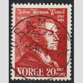 FRIM�RKER NORGE | 1942 - AFA 287 - Johan Herman Wessel - 20 �re r�dbrun - Lux Stemplet