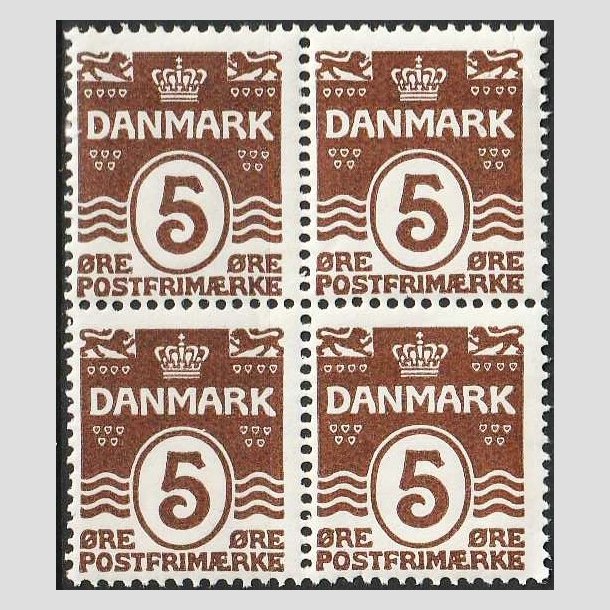 FRIMRKER DANMARK | 1921-22 - AFA 122 - Blgelinie 5 re brun i 4-blok - Postfrisk