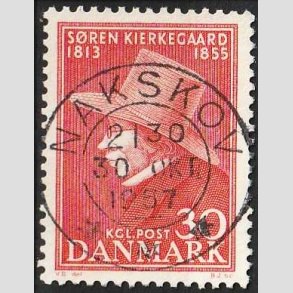 FRIM�RKER DANMARK | 1955 - AFA 365 - S�ren Kierkeghaard - 30 �re r�d - Pragt Stemplet Nakskov