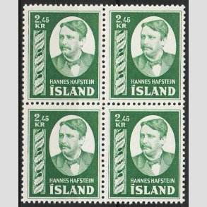 FRIMRKER ISLAND | 1954 - AFA 295 - Hannes Hafstein - 2,45 kr. grn i 4-blok - Postfrisk