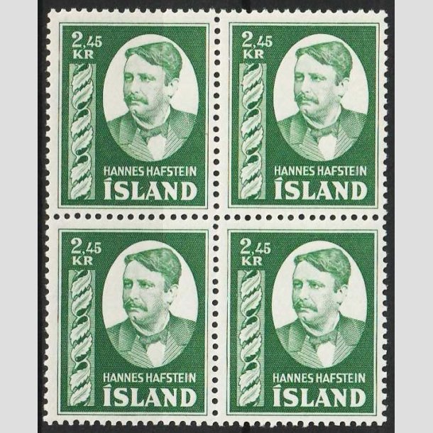 FRIMRKER ISLAND | 1954 - AFA 295 - Hannes Hafstein - 2,45 kr. grn i 4-blok - Postfrisk