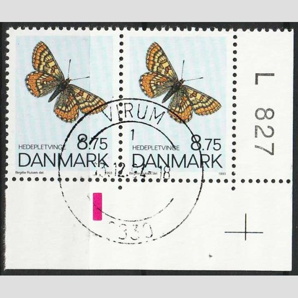 FRIMRKER DANMARK | 1993 - AFA 1039 - Sommerfugle - 8,75 Kr. flerfarvet i par - Pragt Stemplet