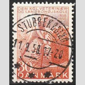 FRIM�RKER DANMARK | 1958 - AFA 372 - Landboh�jskolen 100 �r - 30 �re r�d - Pragt Stemplet 