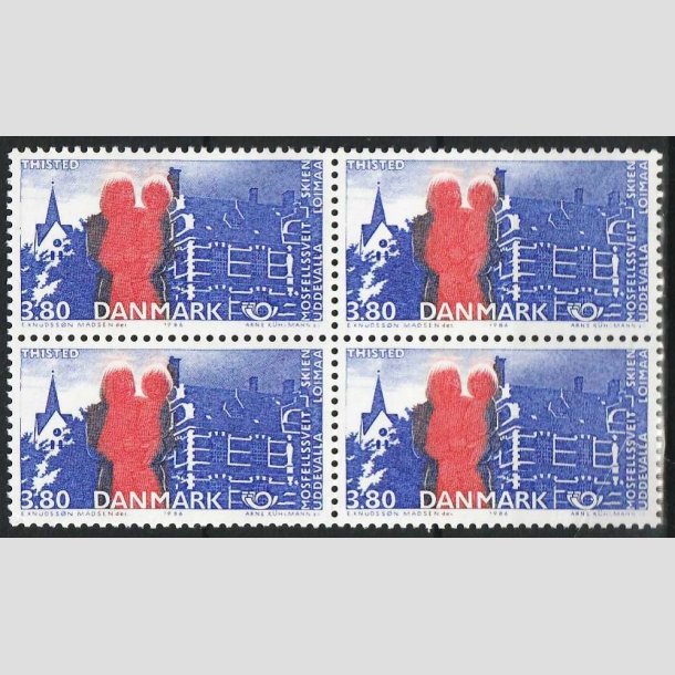 FRIMRKER DANMARK | 1986 - AFA 860 - Venskabsbyer - 3,80 Kr. rd/bl i 4-blok - Postfrisk