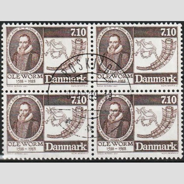 FRIMRKER DANMARK | 1988 - AFA 905 - Naturforskeren Ole Worm  - 7,10 Kr. i 4-blok - Center stemplet