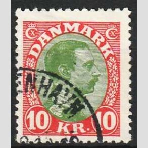 FRIMRKER DANMARK | 1927-28 - AFA 177 - Chr. X 10 Kr. rd/grn - Stemplet