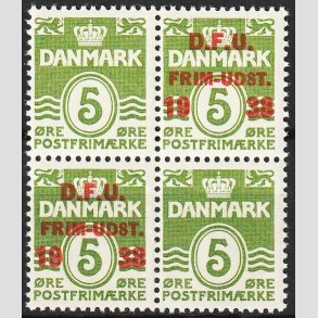 FRIMRKER DANMARK | 1938 - AFA 245 - D.F.U i Fire-blok - Postfrisk