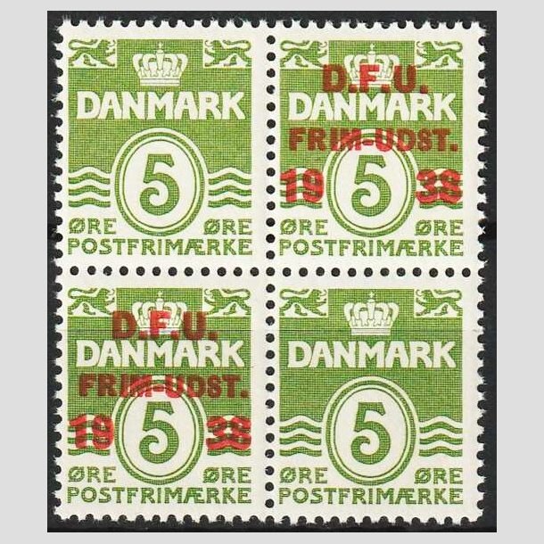 FRIMRKER DANMARK | 1938 - AFA 245 - D.F.U i Fire-blok - Postfrisk