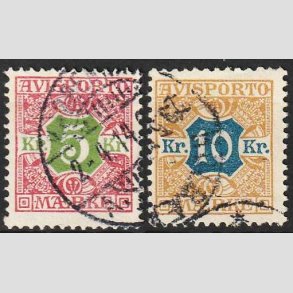 FRIMRKER DANMARK | 1907 - AFA 9,10 - 5 Kr, 10 Kr. Avisporto - Stemplet