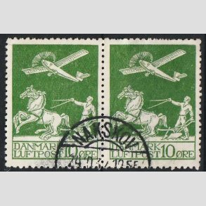 FRIM�RKER DANMARK | 1925 - AFA 144 - Gl. Luftpost 10 �re gr�n vandret par - Stemplet