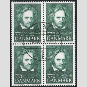 FRIM�RKER DANMARK | 1989 - AFA 945 - B. S. Ingemann - 7,70 Kr. gr�n i 4-blok - Pragt Stemplet 
