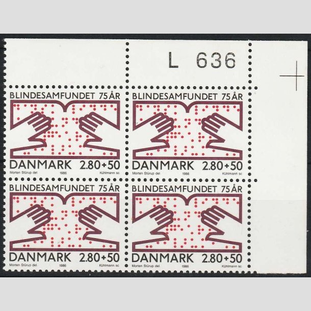 FRIMRKER DANMARK | 1986 - AFA 853 - Dansk Blindesamfund - 2,80 Kr. + 50 re i 4-blok M - Postfrisk