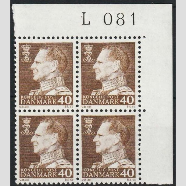 FRIMRKER DANMARK | 1965 - AFA 431F - Frederik IX - 40 re brun i M 4-blok - Postfrisk