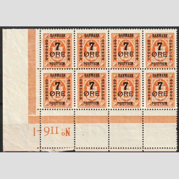 FRIMRKER DANMARK | 1926 - AFA 160 - 7/1 re orange i 8-blok med n. marginal - Postfrisk