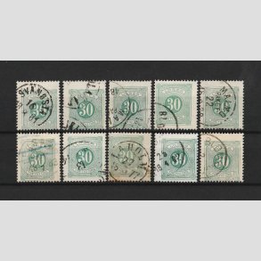 FRIMRKER SVERIGE | 1874 - Porto 30 re grn tk. 14 lot med 10 mrker - Stemplet (AFA 2.500)