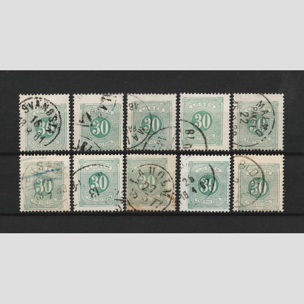 FRIMRKER SVERIGE | 1874 - Porto 30 re grn tk. 14 lot med 10 mrker - Stemplet (AFA 2.500)