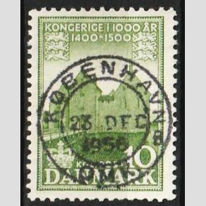 FRIM�RKER DANMARK | 1953-56 - AFA 351 - Det Danske Kongerige 1000 �r - 10 �re gr�n - Pragt Stemplet 