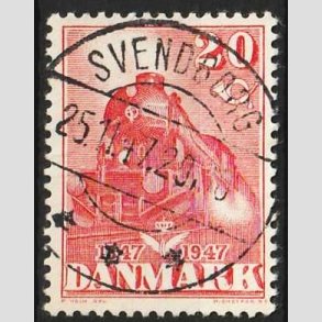 FRIM�RKER DANMARK | 1947 - AFA 303 - Danske jernbane 100 �r - 20 �re r�d - Pragt Stemplet