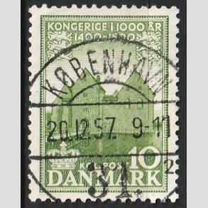 FRIM�RKER DANMARK | 1953-56 - AFA 351 - Det Danske Kongerige 1000 �r - 10 �re gr�n - Pragt Stemplet 