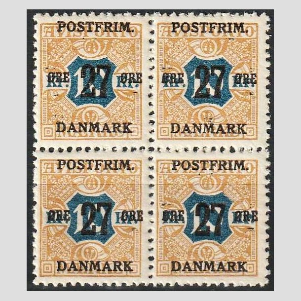 FRIMRKER DANMARK | 1918 - AFA 97 - 27 re/10 Kr. brun/bl provisorier i 4-blok - Postfrisk