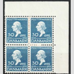 FRIM�RKER DANMARK | 1935 - AFA 228 - H. C. Andersen 30 �re bl� i 4-blok med marginal - Postfrisk