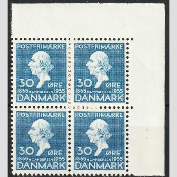 FRIMRKER DANMARK | 1935 - AFA 228 - H. C. Andersen 30 re bl i 4-blok med marginal - Postfrisk