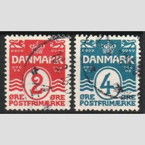 FRIM�RKER DANMARK | 1917 - AFA 78A,80A - B�lgelinie 2 �re r�d og 4 �re bl� Krone III - Stemplet