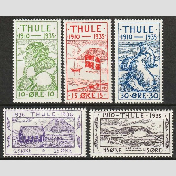 FRIMRKER GRNLAND | 1935-36 - AFA 1-5 - Thule - 10 - 45 re i komplet st - Postfrisk