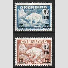 FRIMRKER GRNLAND | 1956 - AFA 37,38 - Provisorier - 60/40 re + 60 re/1 kr. - Postfrisk