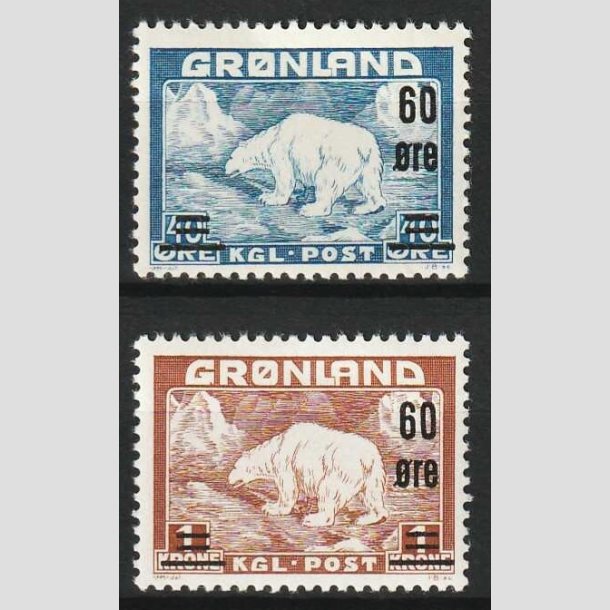 FRIMRKER GRNLAND | 1956 - AFA 37,38 - Provisorier - 60/40 re + 60 re/1 kr. - Postfrisk