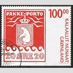 FRIMRKER GRNLAND | 2007 - AFA 491 - Pakkeportomrkerne 100 r. - 100,00 kr. rd/hvid - Stemplet