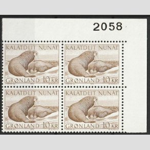 FRIM�RKER GR�NLAND | 1973 - AFA 83 - Hvalrosser - 10 kr. brun i 4-blok marginalnummer - Postfrisk