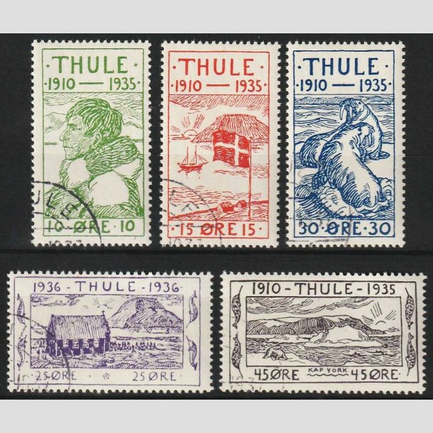 FRIMRKER GRNLAND | 1935-36 - AFA 1-5 - Thule - 10 - 45 re i komplet st - Stemplet