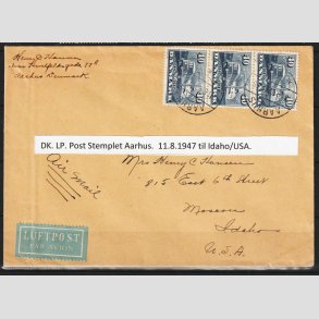 FRIMRKER DANMARK | 1947 - AFA 304 - Danske jernbaner 100 r - 40 re bl x 3 p brev til USA